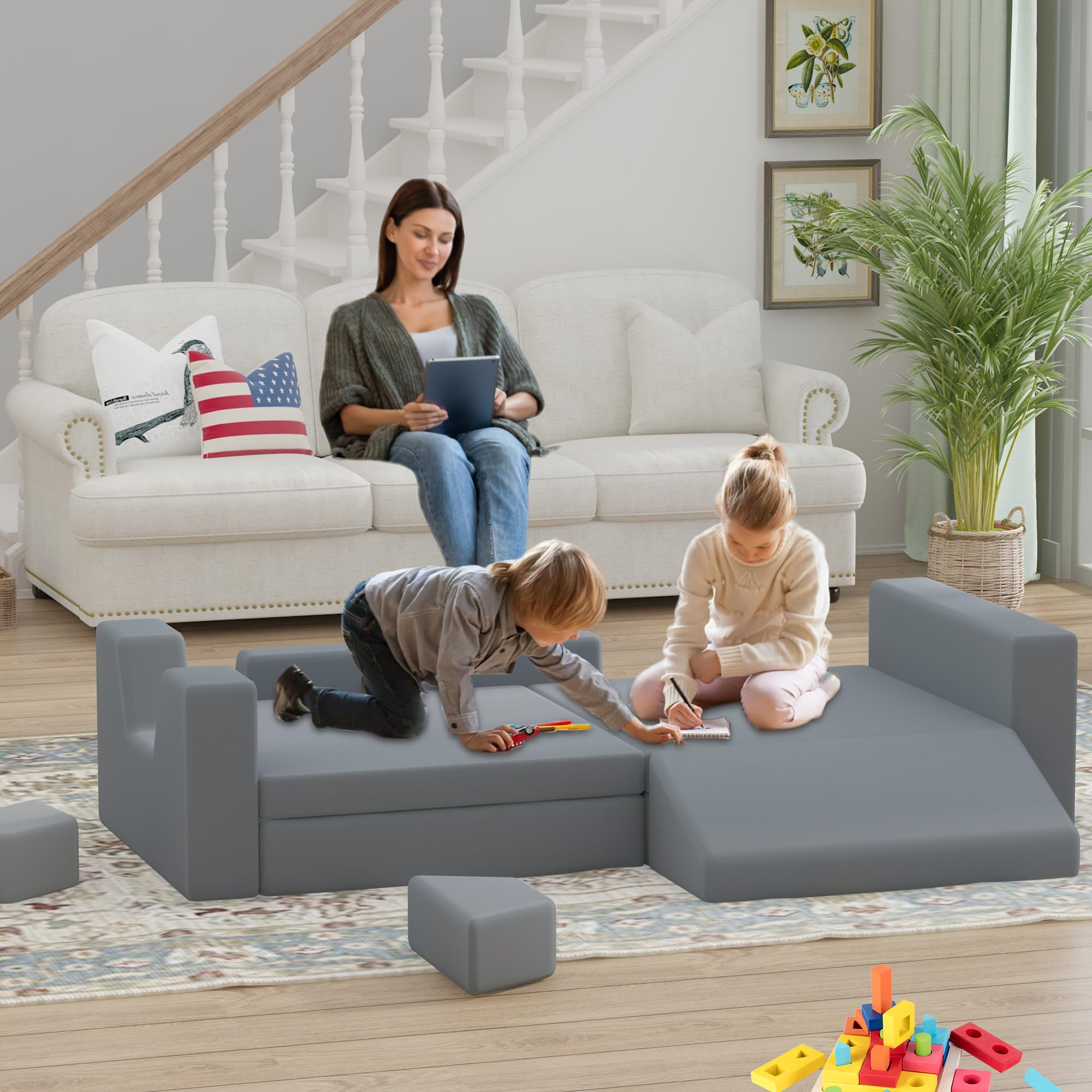 10-Piece Modular Kids Play Couch - Soft Foam Toddler Sofa for Building Forts & Playroom Fun | Durable, Washable & Safe for Babies & Children | Perfect for Indoor Play, Learning & Creative Activities