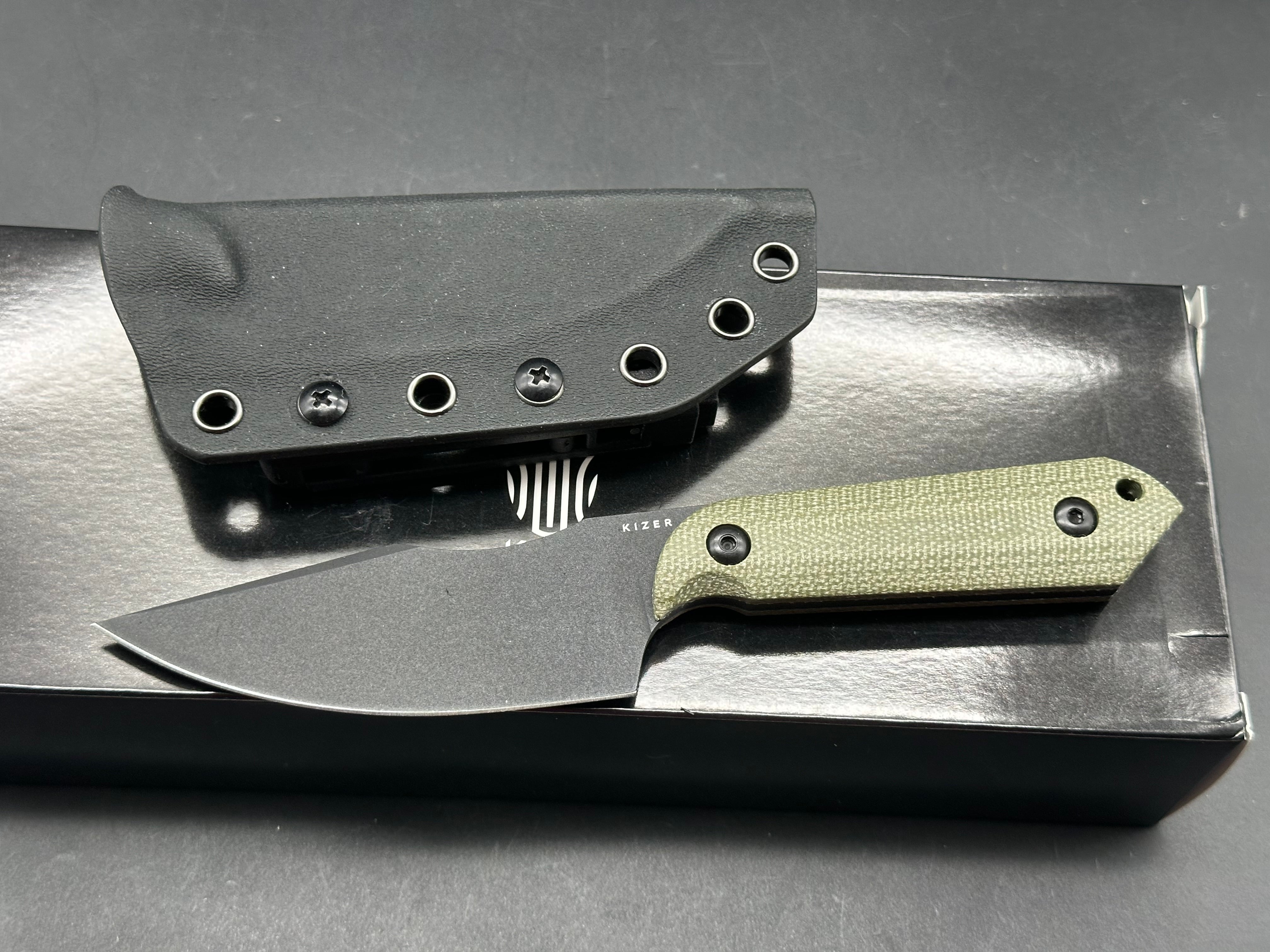 KIZER HARPOON Fixed Blade Knife - D2 Steel Blade, Micarta Handle, Plain Black - Hunting, Camping, Survival & Outdoor Activities