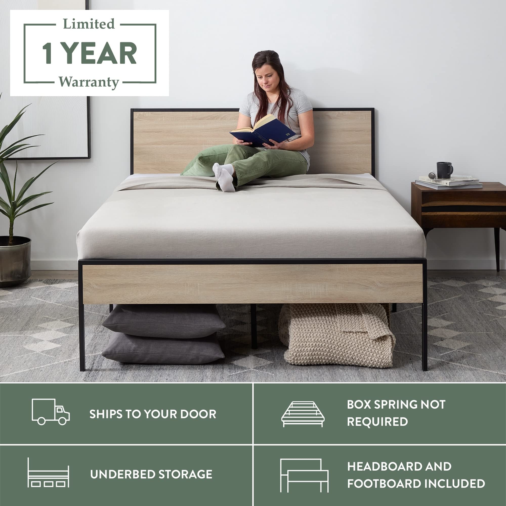 Edenbrook King Size Metal Platform Bed Frame with Wood Headboard & Footboard - White Oak Finish - No Box Spring Needed - Perfect for Modern Bedrooms & Guest Rooms