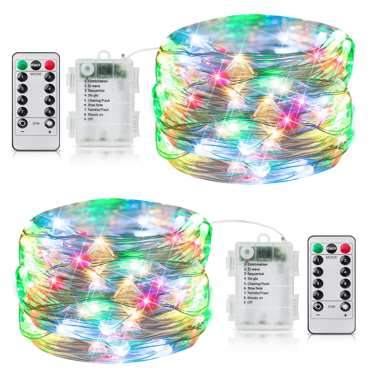 2 Pack 33FT Fairy Lights Battery Operated with Timer & 8 Mode Remote Control - 100 LED Waterproof Firefly String Lights for Bedroom, Indoor, Outdoor, Wedding, Dorm, Christmas Decor (Multicolor) - Perfect for Home Decoration, Party Lighting, Garden Accents and Holiday Displays