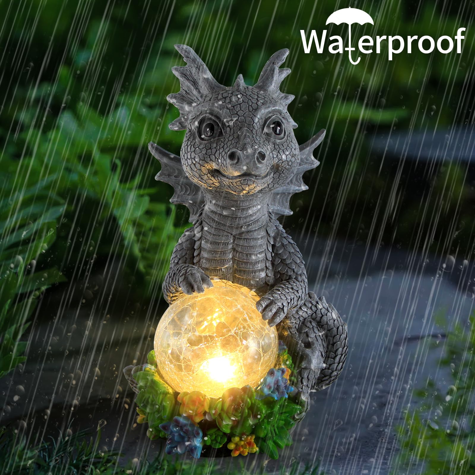 Solar LED Dragon Garden Statue Holding Magic Orb - Outdoor Lawn Decor for Patio, Balcony, Yard | Unique Gift for Mom & Grandma | Perfect for Nighttime Garden Lighting & Holiday Decorations