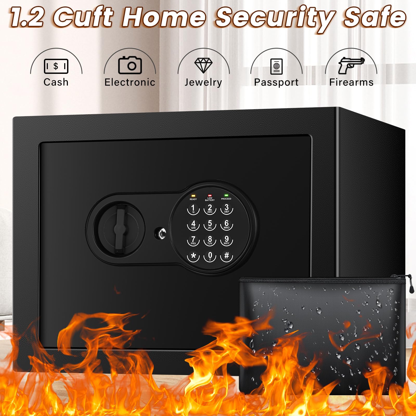 1.2 Cu Ft Fireproof & Waterproof Home Safe Box - Digital Security Safe with Programmable Keypad, Removable Shelf & Fireproof Money Bag - Protect Cash, Jewelry, Firearms, Documents & Valuables - Ideal for Home, Office & Emergency Use