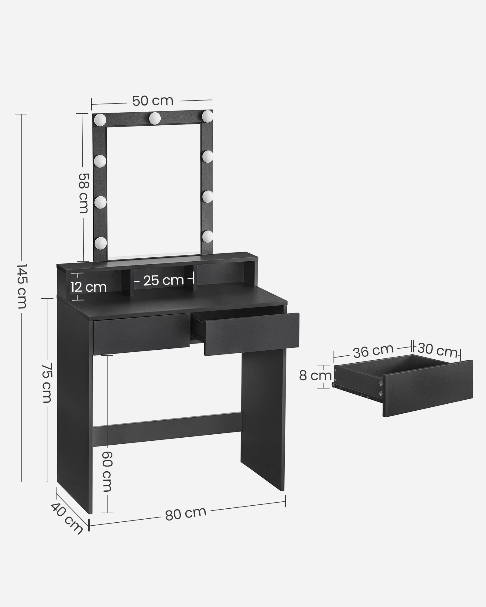 VASAGLE Adjustable LED Light Vanity Makeup Table with Mirror, 2 Drawers & 3 Storage Compartments - Modern Black Dressing Table for Bedroom RDT114T16 | Perfect for Makeup Application, Skincare Routine & Home Decor