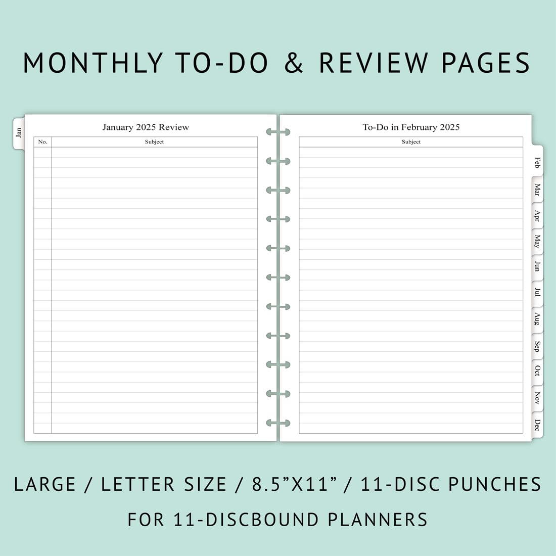 Newestor 2025 Monthly Planner Refill for 11-Disc Letter Size Discbound Notebooks | Jan 2025-Dec 2025 Calendar | 8.5