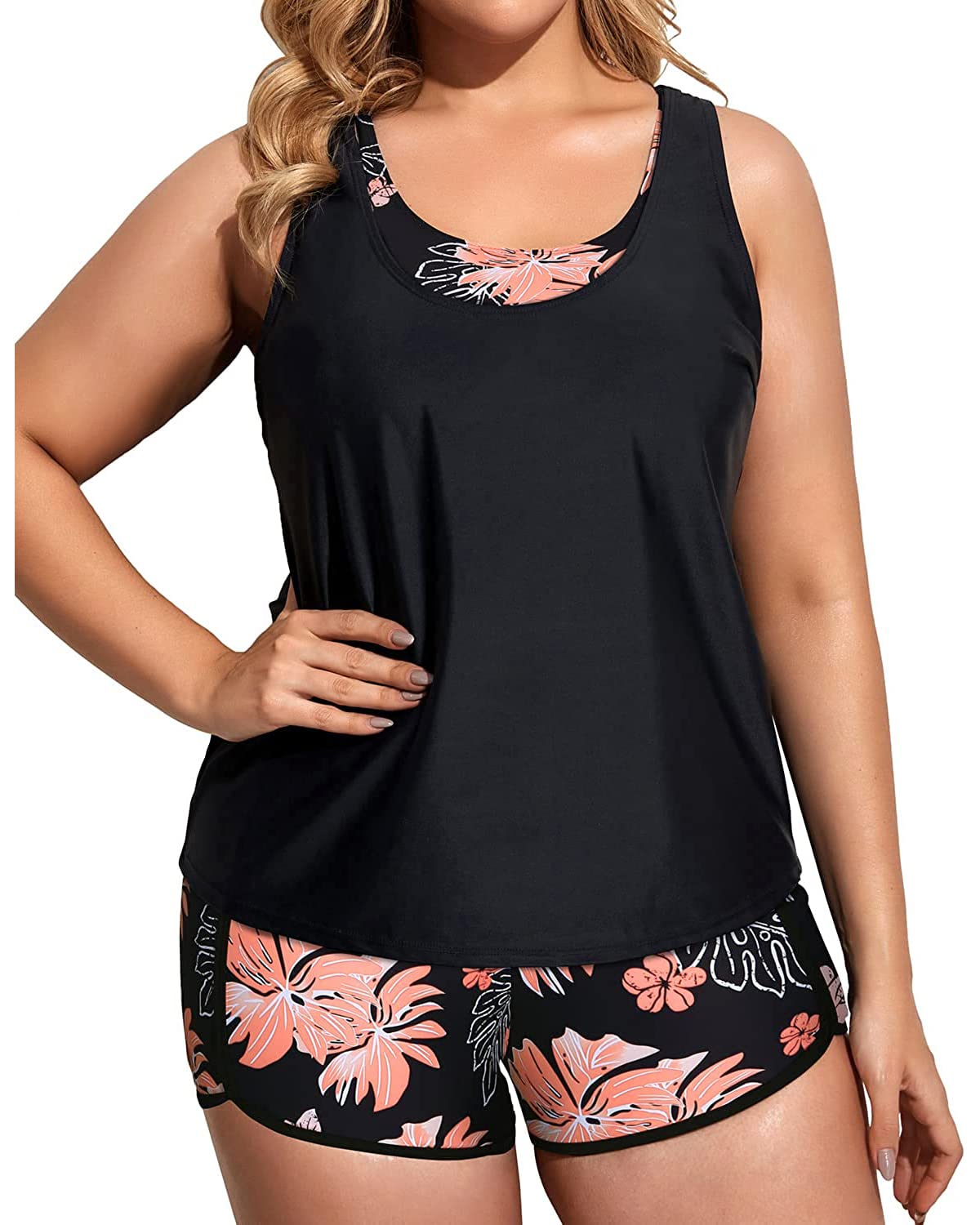 Holipick Women's Plus Size 3-Piece Tankini Swimwear Set - Tummy Control Bathing Suit with Boy Shorts & Built-in Sports Bra Top | Perfect for Beach Vacations, Pool Parties & Water Aerobics