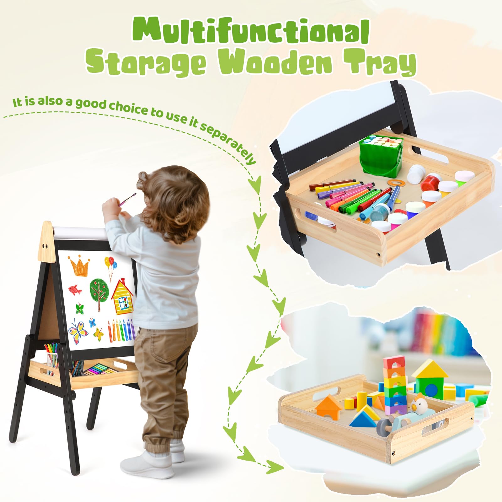 3 in 1 Adjustable Height Kids Easel with Wood Tray - Double Sided Magnetic Chalkboard & Whiteboard, Includes Paper Roll - Perfect for Toddlers Age 2+ (Black) | Ideal for Home, Classroom & Preschool Art Activities, Drawing & Learning