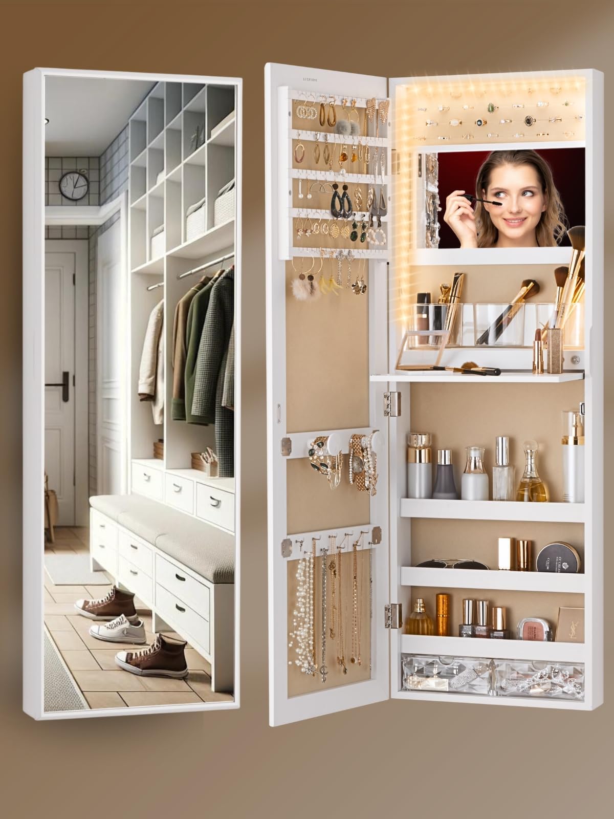 White Jewelry Armoire with Mirror & Lights - Wall Mounted Storage for Makeup & Jewelry