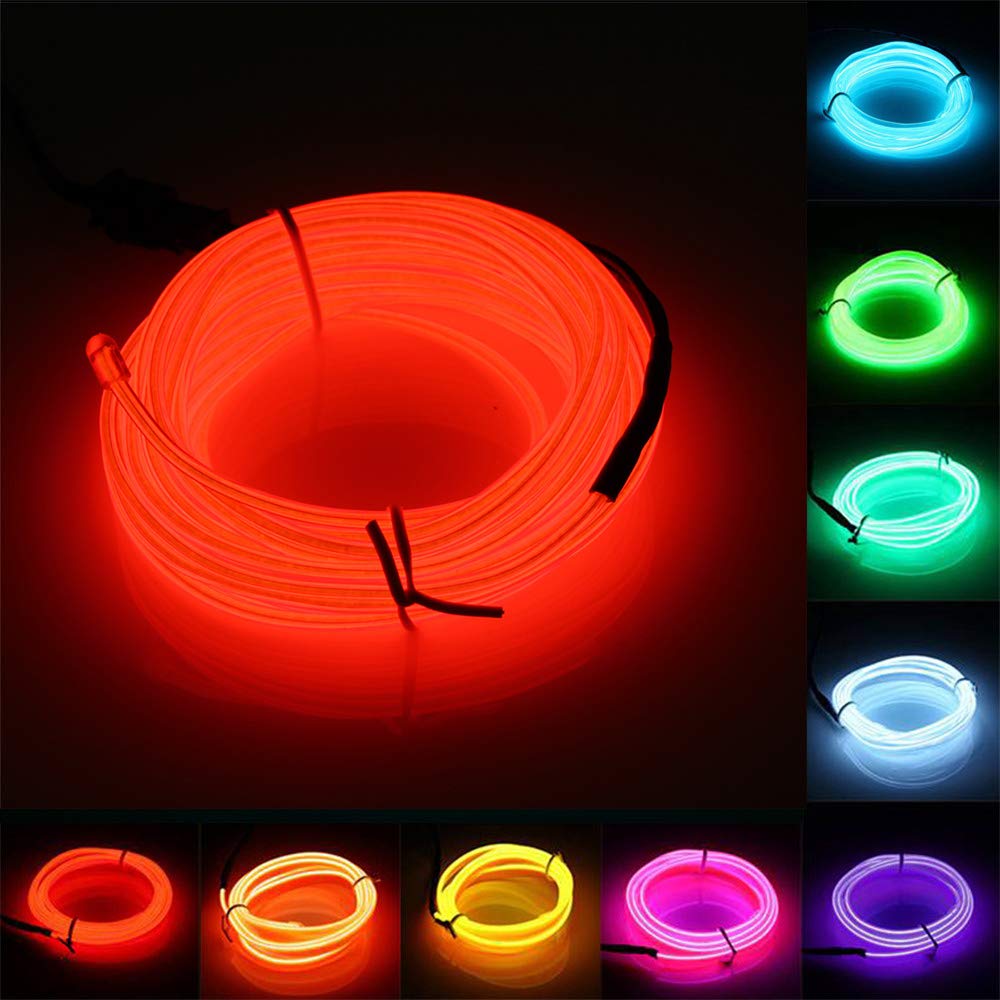 JIGUOOR 16.4ft EL Wire Battery Pack - 5m Bright Neon Light Strip with 360° Illumination for DIY Projects, Party Decorations, Halloween & Christmas Decor - Red Neon Tube Rope Lights for Home, Bar, Pub, Club and Outdoor Events
