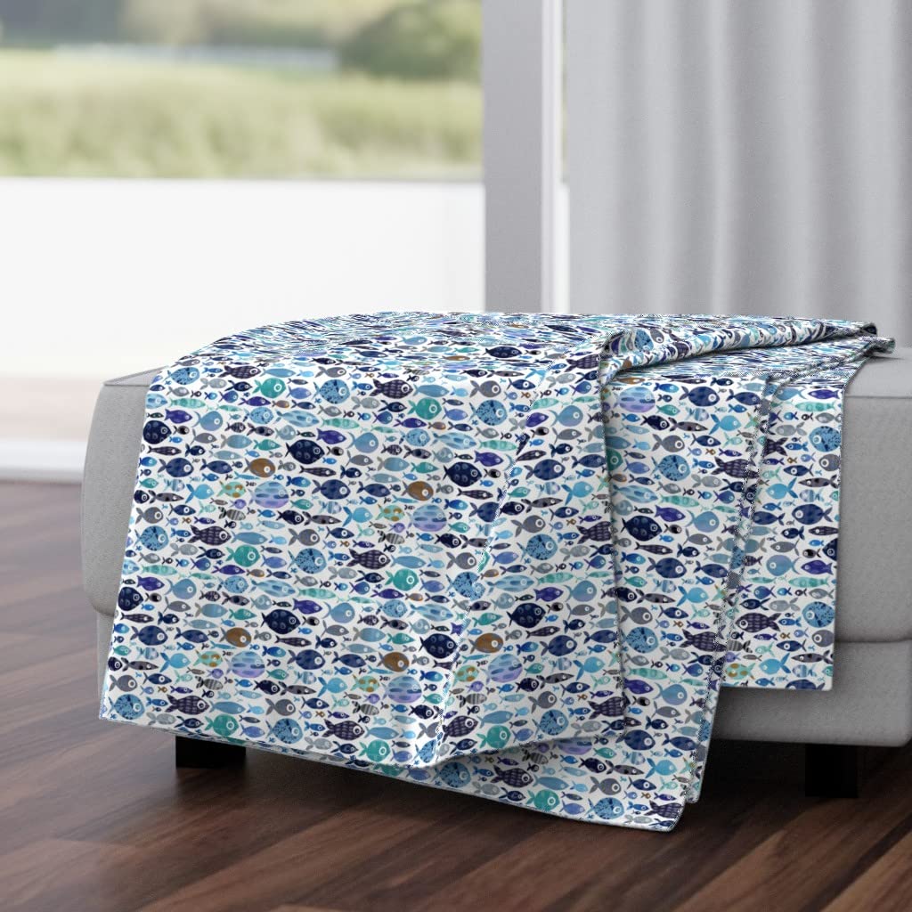 Soft Plush Minky Throw Blanket 50x70 Inches - Blue Watercolor Fish Ocean Coastal Design for Nursery, Beach & Summer Decor | Cozy Blanket for Bed, Sofa & Travel