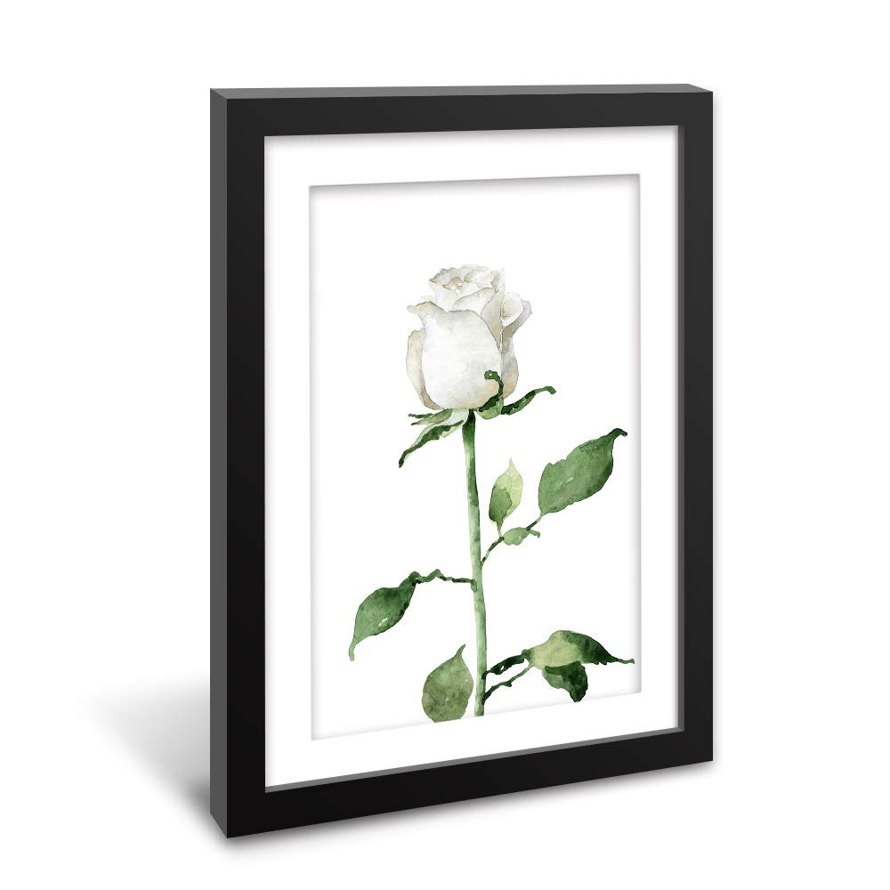 Wall26 - Framed Wall Art Print - Hand Drawn White Rose Floral Painting in Black Picture Frame with White Mat - 23x31 Inches - Perfect for Living Room, Bedroom & Office Decor