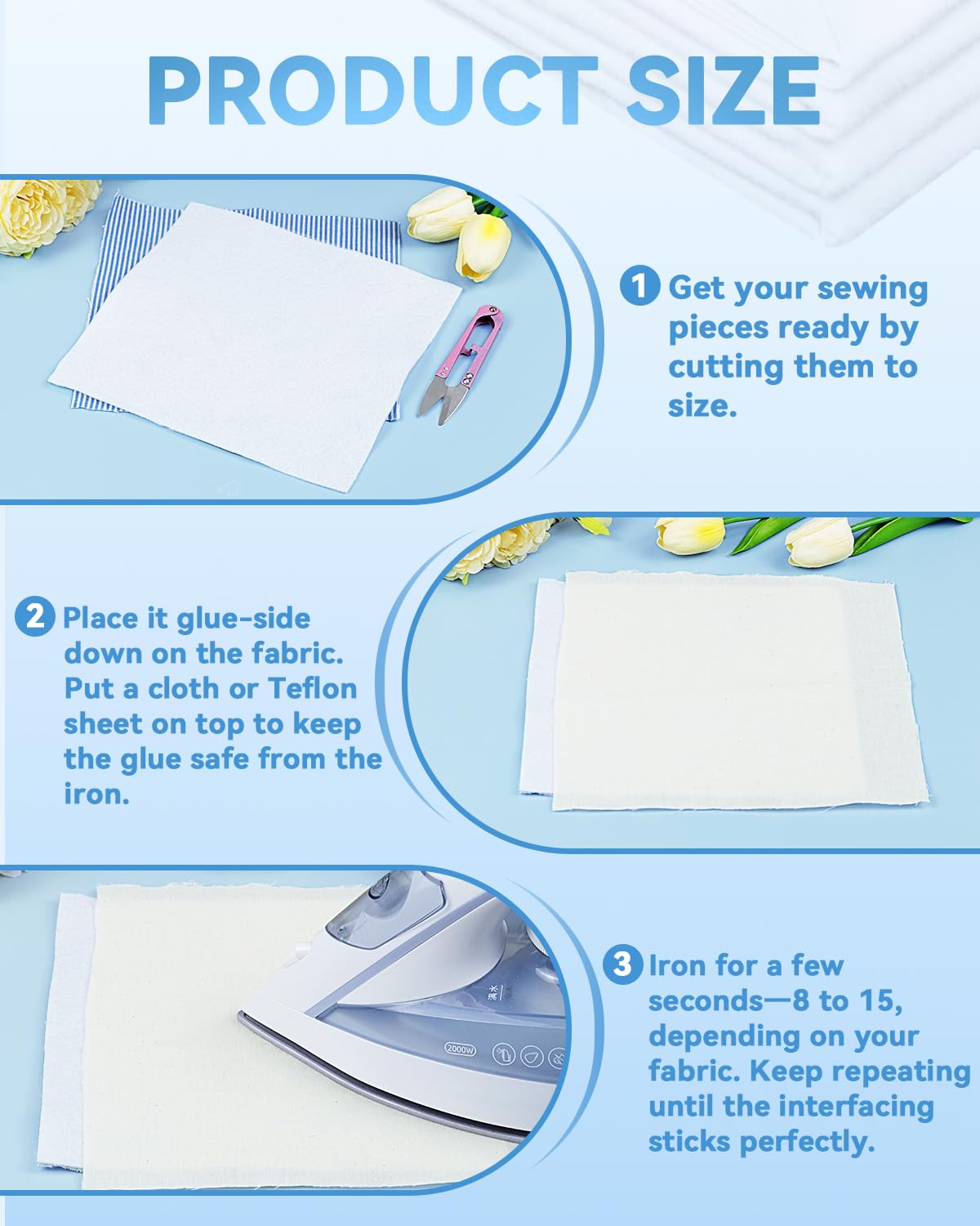 PLANTIONAL Lightweight Iron-On Fusible Fleece Interfacing - One-Sided Loft, White, 39