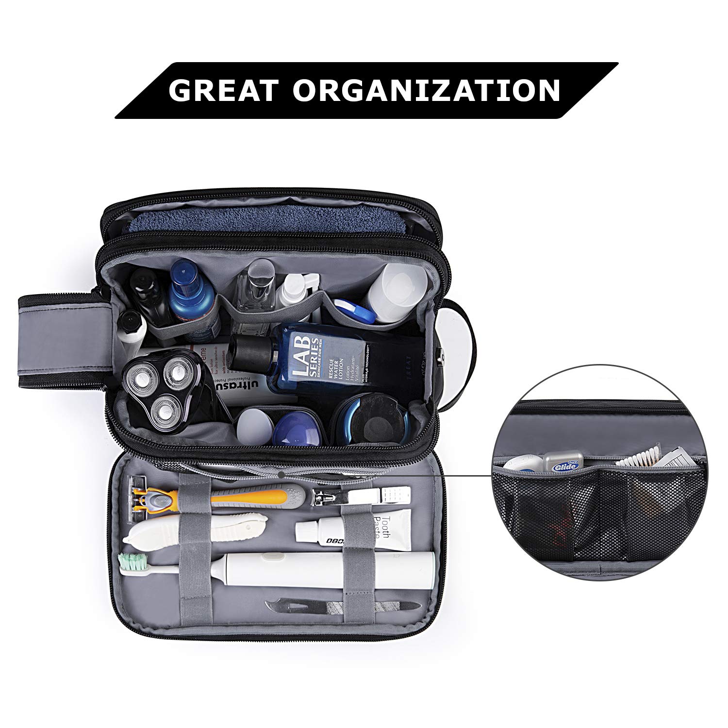 BAGSMART Water-resistant Travel Toiletry Bag for Men - Shaving Dopp Kit Organizer with Multiple Pockets for Toiletries & Accessories - Perfect for Gym, Business Trips & Vacation Essentials (Black, Medium)