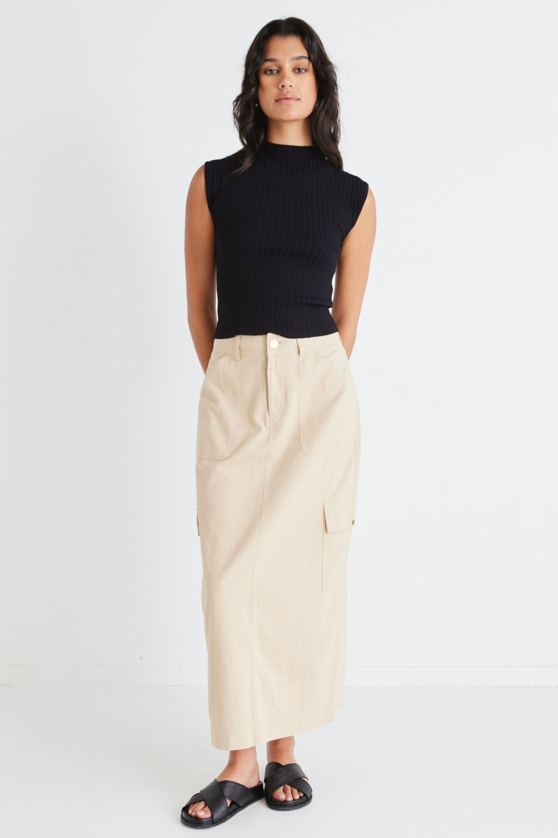 Frank Stone Cotton Utility Midi Skirt for Women - Comfortable Stretch A-Line Skirt with Pockets - Perfect for Casual Wear, Office, Travel & Outdoor Activities