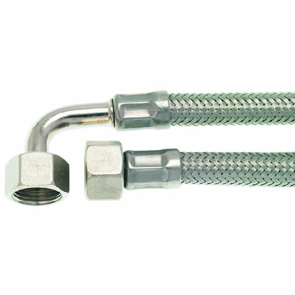 3/8 Inch Female x 3/8 Inch Female 37cm (14.5 Inch) Stainless Steel Braided Hose with 90 Degree Elbow - Perfect for Plumbing, Hydraulic Systems & Industrial Applications
