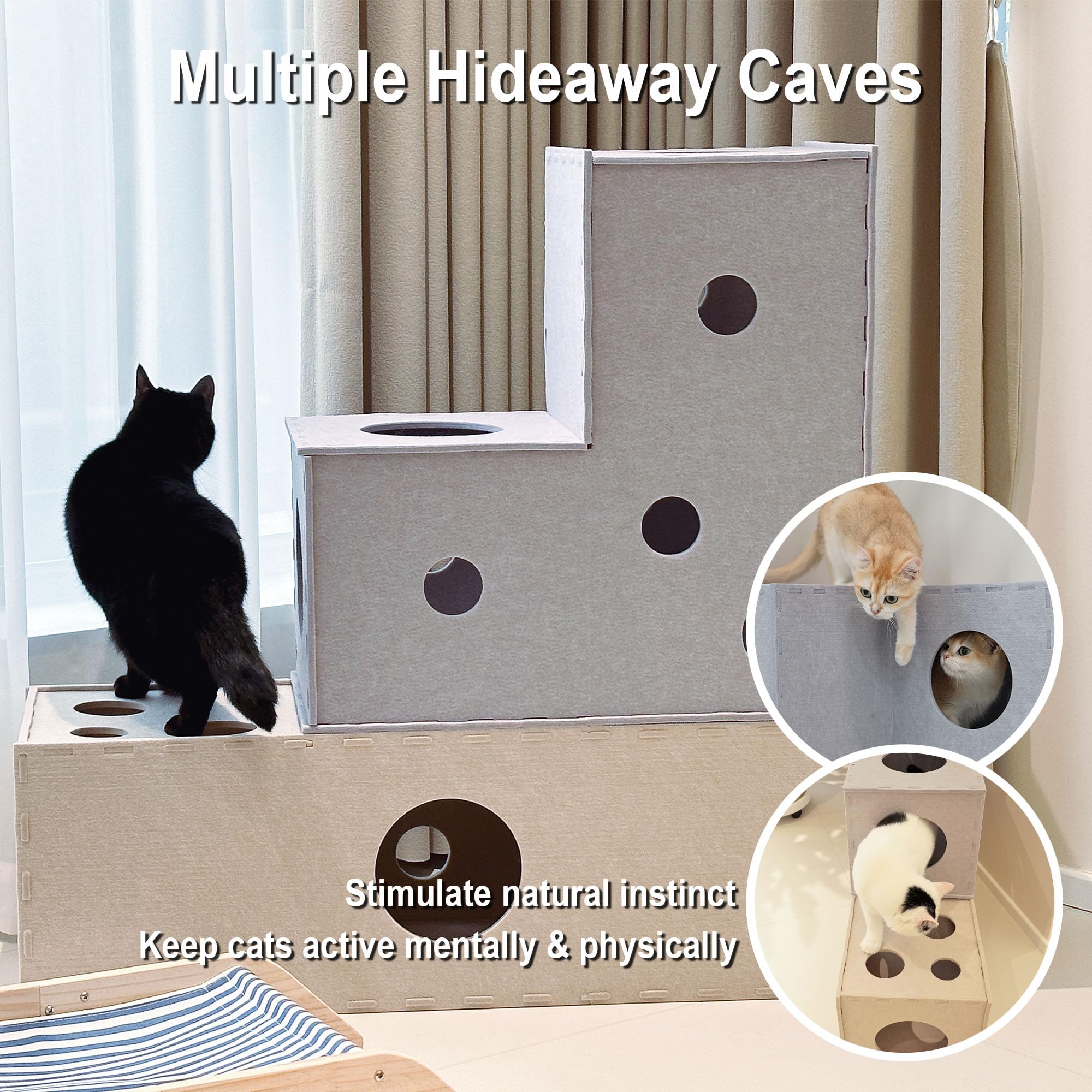 Aberatail Cat Tunnel & Hideaway - Soft Felt Interactive Cat Toy with Peek Holes, Cat Cave & Cube for Indoor Cats (Small, Medium, Large) - Perfect for Playtime, Napping & Stress Relief