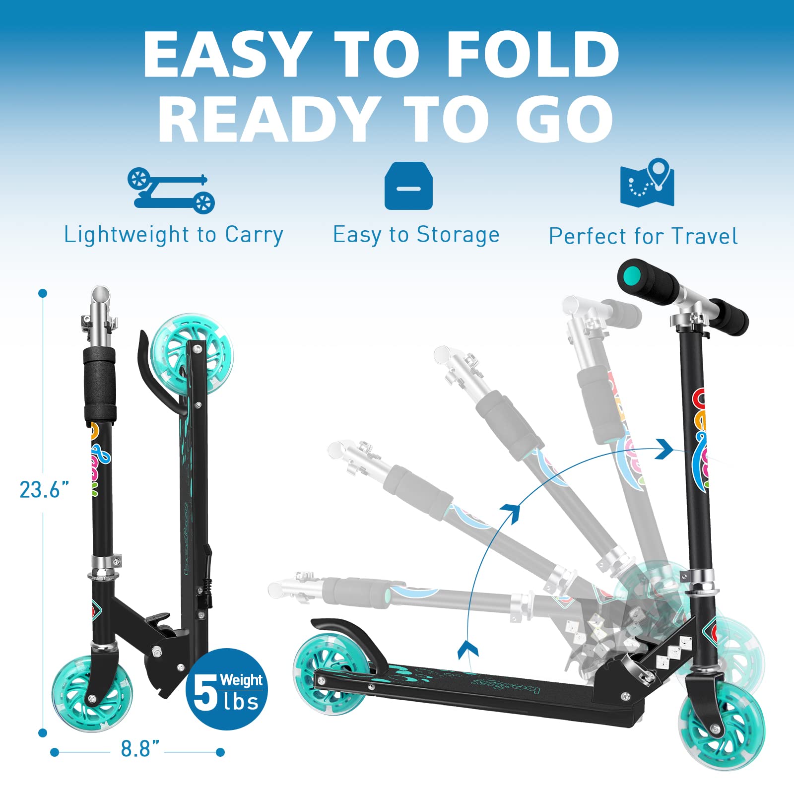 BELEEV V1 Kids Scooter - Adjustable Height 2 Wheel Folding Kick Scooter with LED Light Up Wheels for Boys & Girls Ages 3-12 | Lightweight & Sturdy Frame with Kickstand | Perfect for Commuting, School, Parks & Outdoor Play