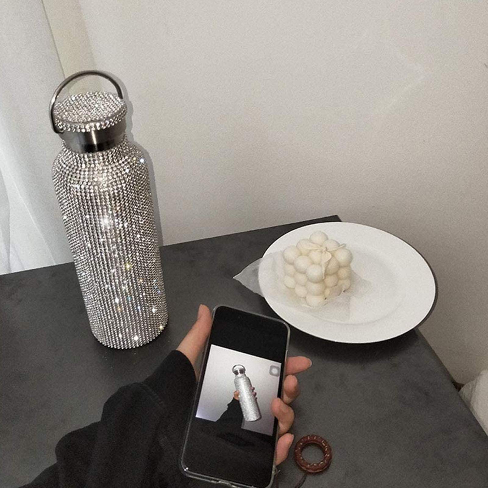 Stylish Rhinestone Stainless Steel Water Bottle 350ml - Double Walled Vacuum Insulated Travel Mug with Lid - Leakproof & Portable for Gym, Office, Hiking - Silver Diamond Design