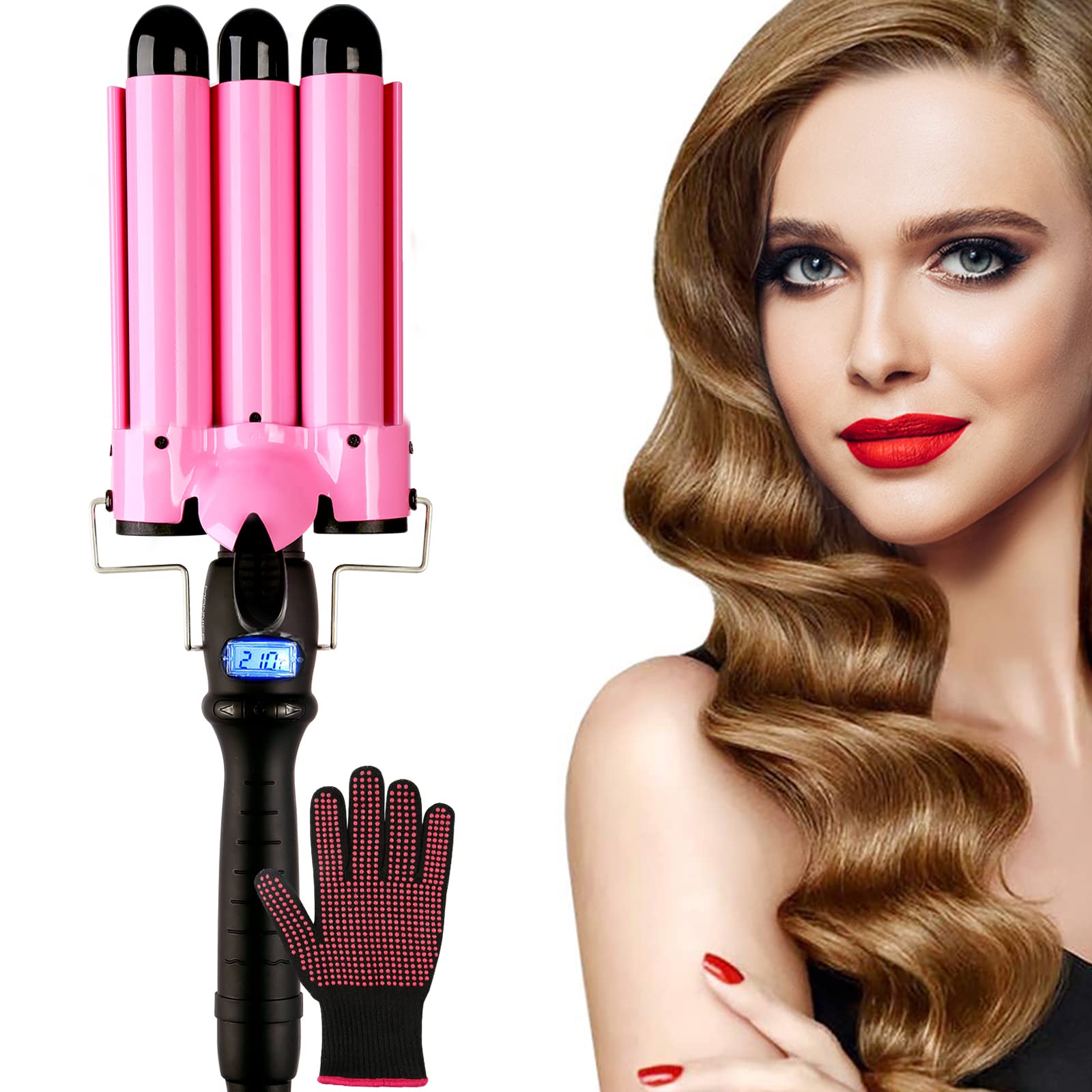 Professional 3 Barrel Hair Curling Iron 1 Inch for Long Hair - LCD Temperature Display, Tourmaline Ceramic Hair Waver with Adjustable Heat - Perfect for Beach Waves, Loose Curls & Salon-Quality Styling at Home