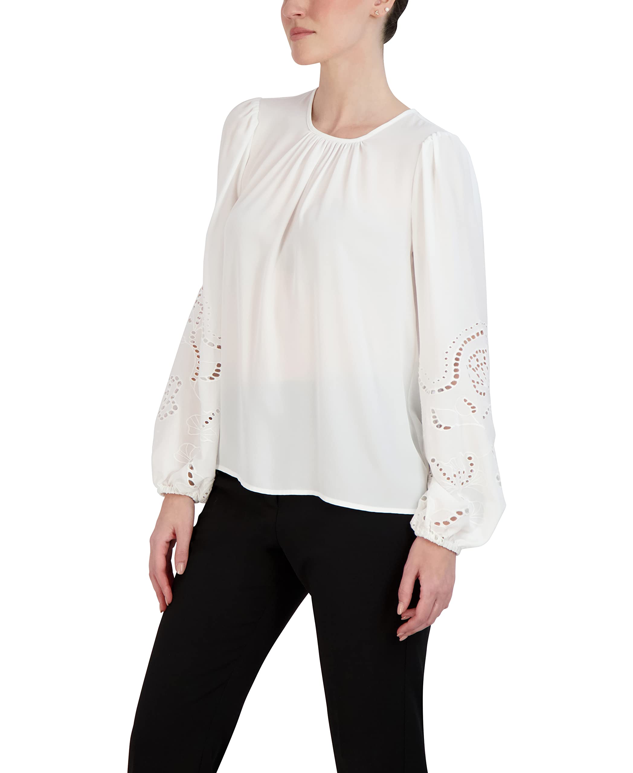 BCBGMAXAZRIA Women's Embroidered Keyhole Blouse Long Sleeve Top - Elegant Floral Design for Office, Party & Special Occasions