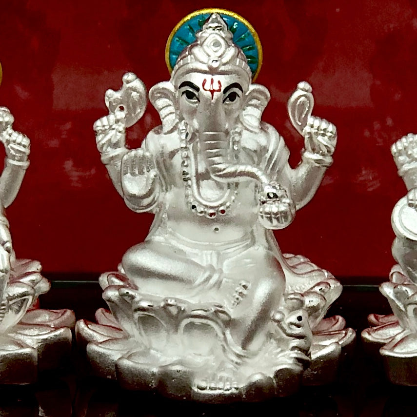 999 Pure Silver Ganesh, Lakshmi & Saraswati Hindu God Statues - Spiritual Home Decor & Puja Altar Blessing Gift for Festivals & Meditation