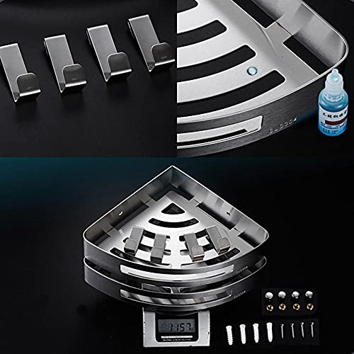 Stainless Steel Wall Mounted Shower Caddy with Hooks - No Drilling Adhesive Bathroom & Kitchen Organizer for Shampoo, Soap & Accessories - Perfect for Small Spaces & Corner Showers (Silver)