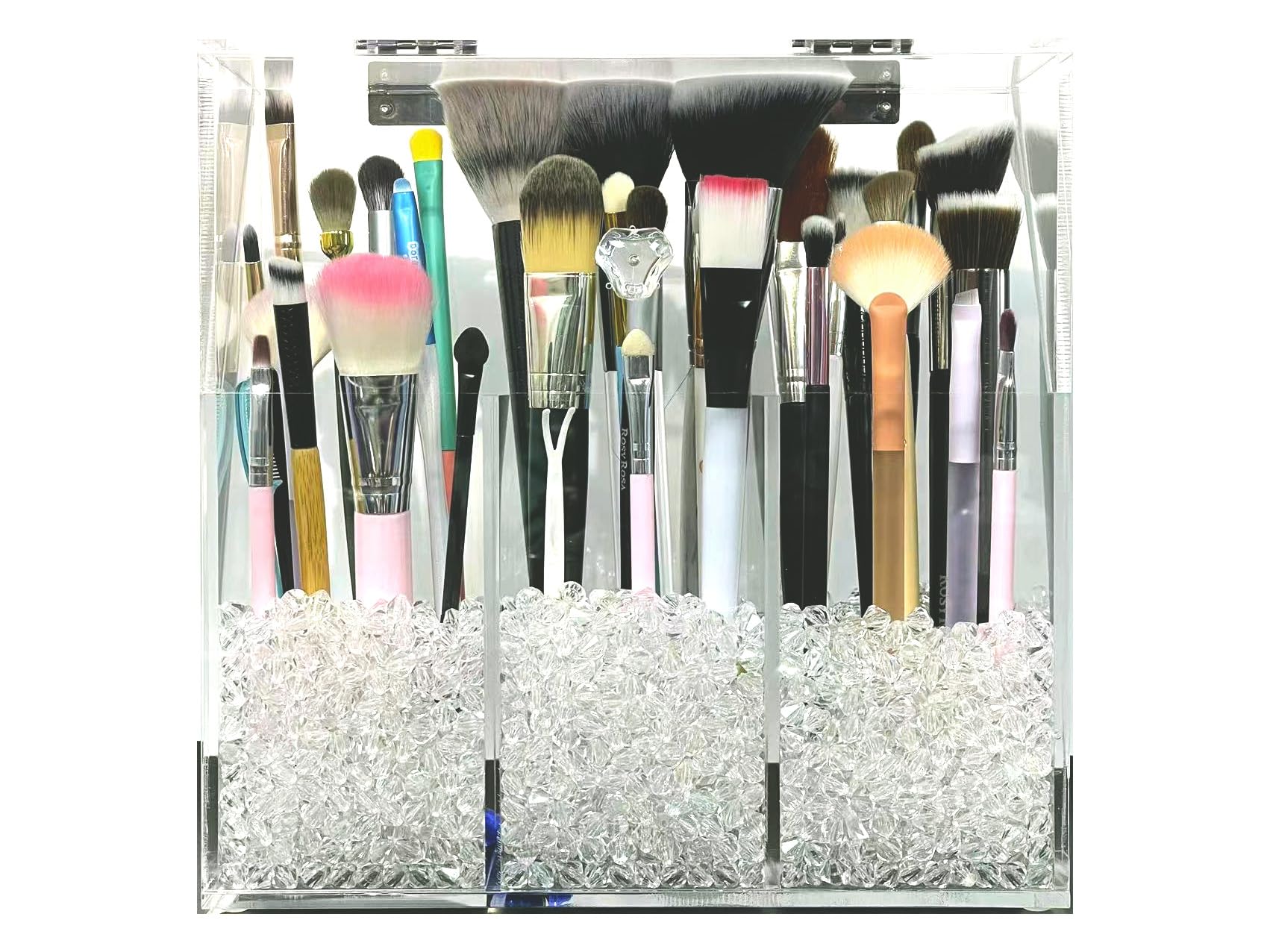 Acrylic Makeup Organizer - Large Capacity Cosmetic Brush Storage Box with 3 Brush Holders & Dust Cover, Split Design for Quick Desktop Organization (Includes 3 Bags of Transparent Pearls) - Perfect for Vanity, Bathroom Counter & Travel Makeup Storage