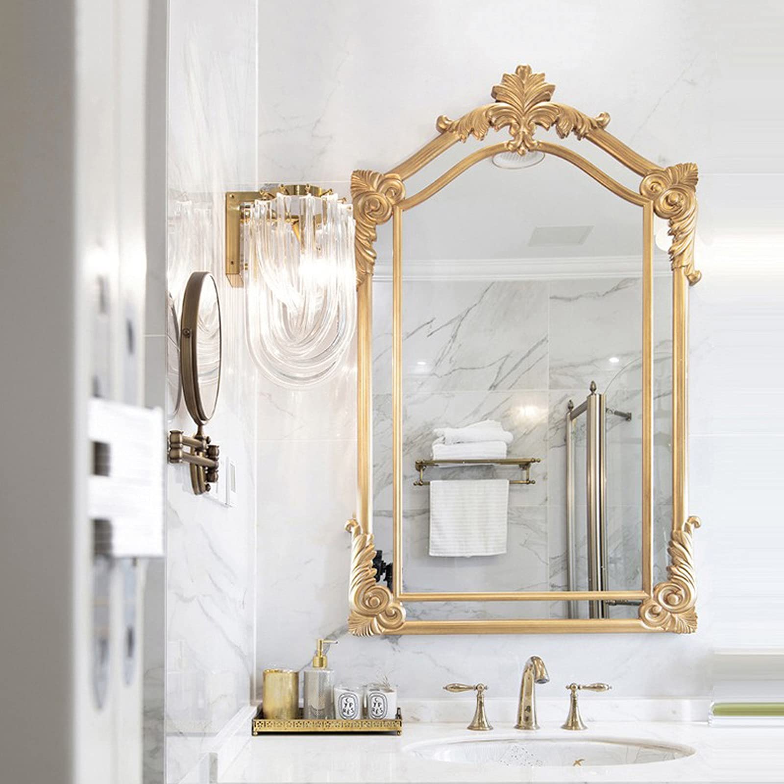 LIGUOYI Baroque Gold Rectangular Wall Mirror - Wood Frame Vanity Mirror for Bedroom, Living Room, Bathroom & Entryway - Elegant European Style Home Decor for Wall Hanging & Makeup Area