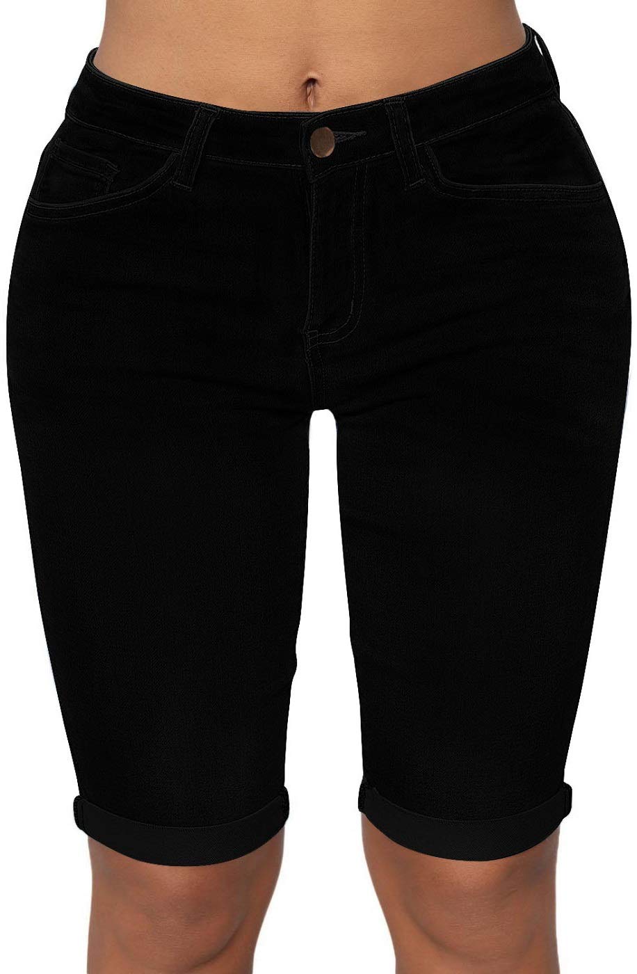 Roswear Women's Mid Rise Roll Cuff Bermuda Stretch Denim Jean Shorts - Comfortable Casual Summer Shorts for Women, Perfect for Beach, Travel and Everyday Wear