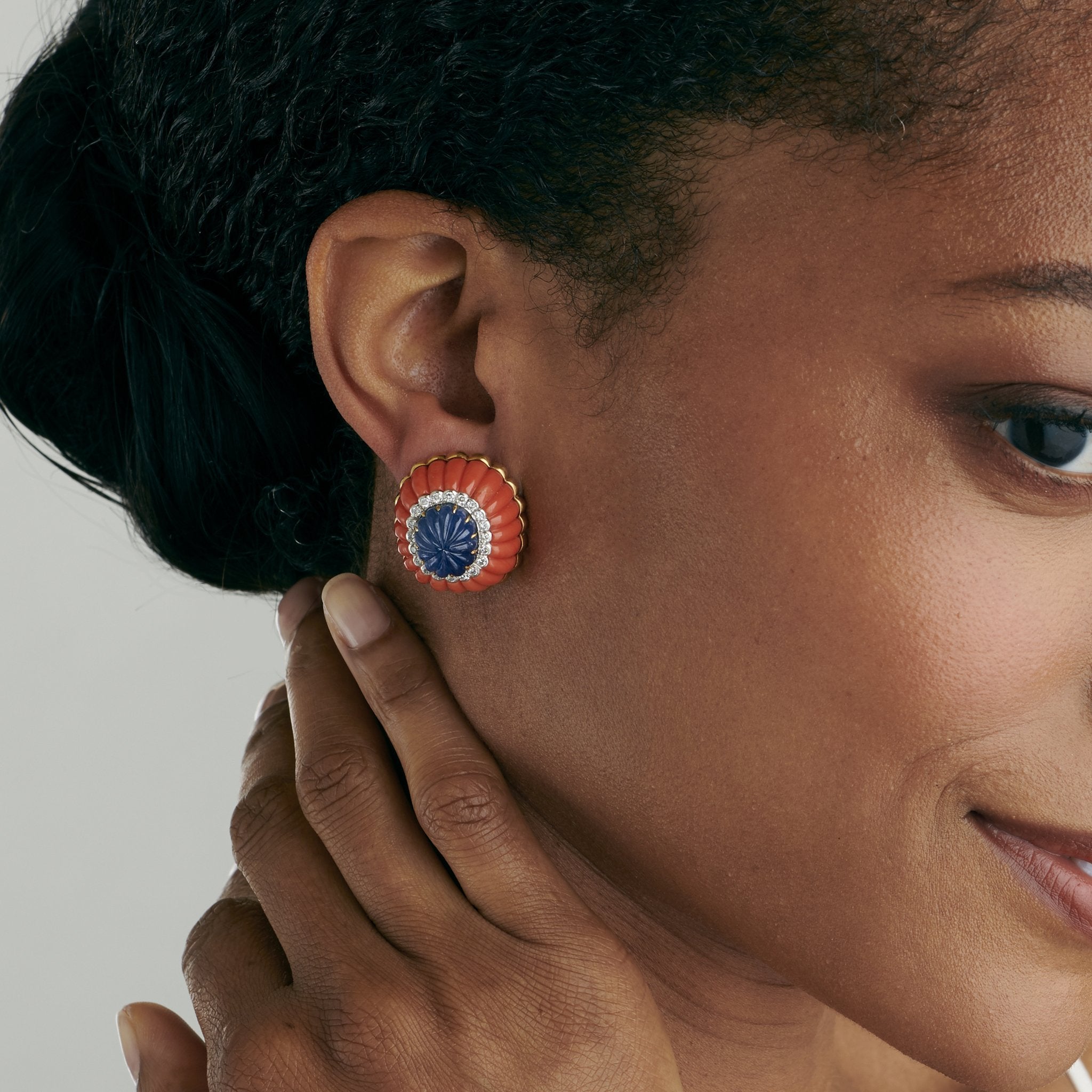 David Webb Coral and Sapphire Button Earrings | Luxury Fashion Jewelry for Women | Perfect for Parties, Weddings & Special Occasions