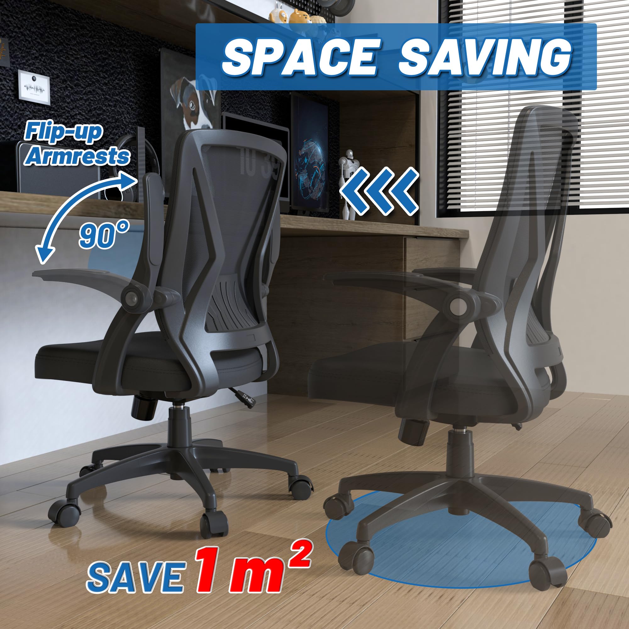 KOLLIEE Ergonomic Mid Back Mesh Office Chair with Lumbar Support - Adjustable Height Swivel Computer Chair with Flip-Up Arms for Home & Office Workspace