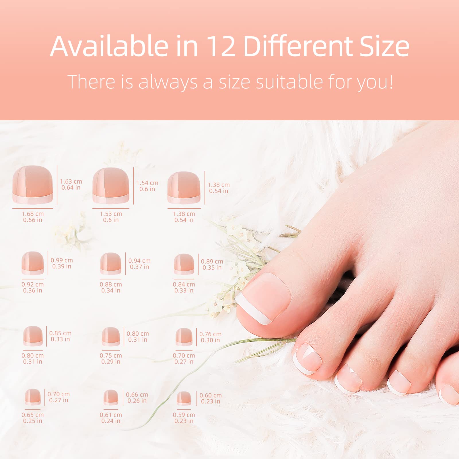 LIARTY 280pcs Short Acrylic False Toe Nails - Natural French Tip Artificial Nails, Full Cover Fake Toe Nails with 12 Sizes - Perfect for Pedicures, Nail Art & Salon Use