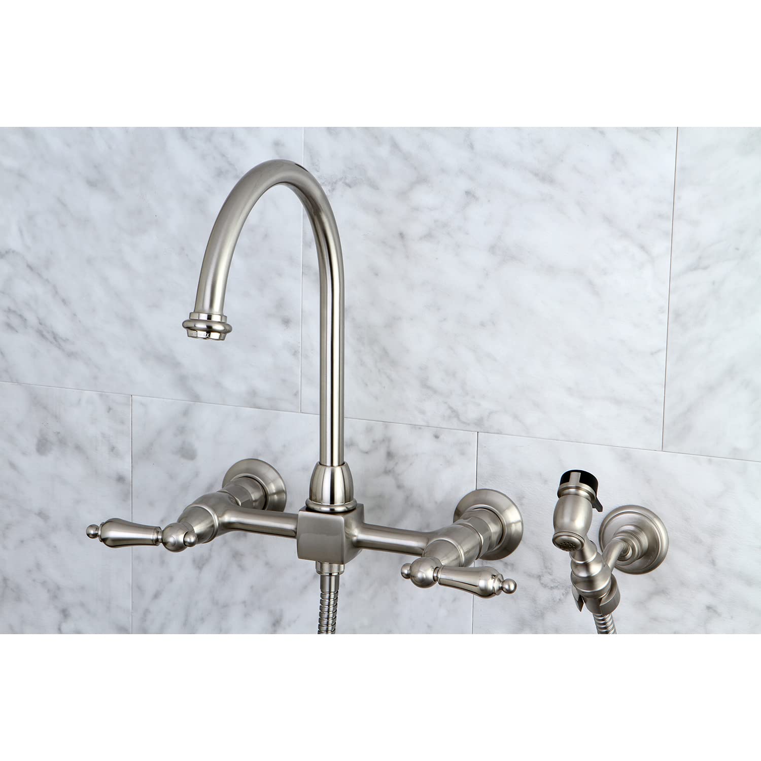 Kingston Brass KS1298ALBS Wall Mount Bridge Kitchen Faucet with Pull Down Sprayer - Brushed Nickel Finish - 11.63