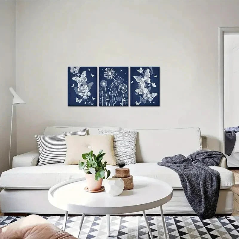 3-Piece Blue Butterfly & Dandelion Navy Blue Metal Wall Art - Ready to Hang Home Decor for Living Room, Bedroom, or Office