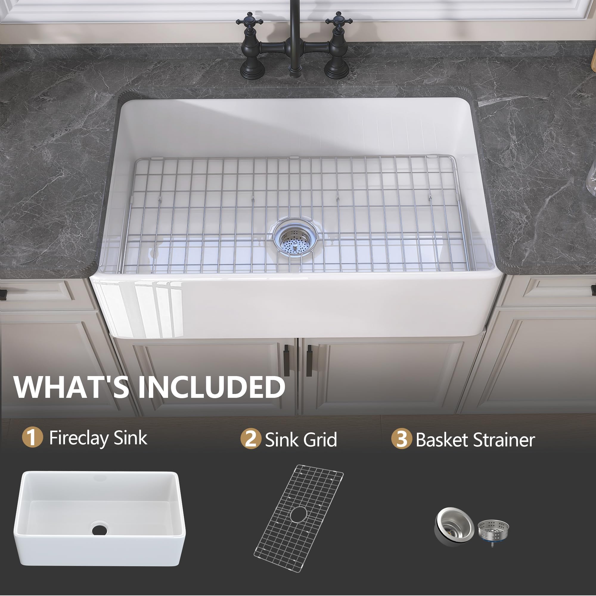 GETPRO 33 Inch White Fireclay Farmhouse Sink - Undermount Apron Front Single Bowl Kitchen Sink with Accessories - Perfect for Modern Farmhouse, Rustic, and Country Style Kitchens