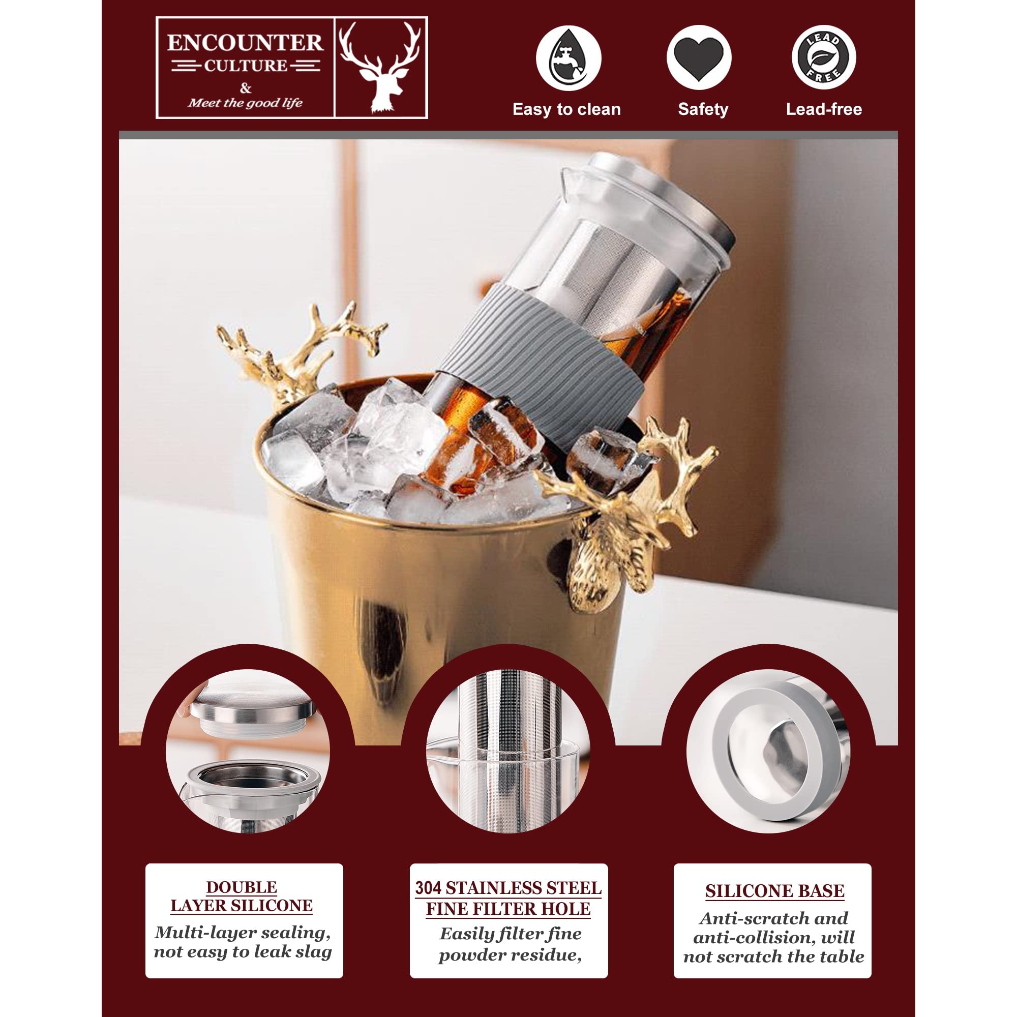 Premium Cold Brew Coffee Maker - 800ml/27oz Heat-Resistant Glass Pitcher with Airtight Lid & Cleaning Brush for Iced Coffee, Tea, Juice & Fruit Infusions | Portable Iced Tea Maker for Home, Office & Outdoor Use