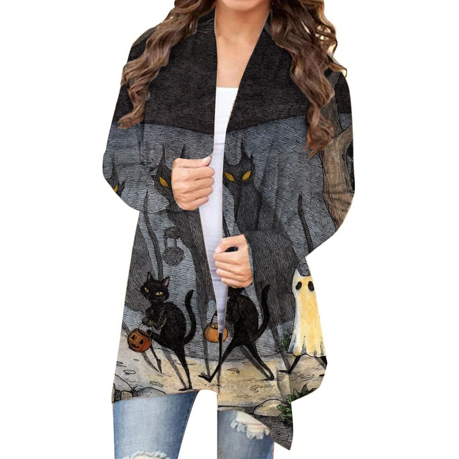 Women's Kimono Cardigan - Plus Size Halloween Cardigan with Pumpkin Cat Print | Cozy Fall Outerwear for Casual Wear, Lounge, and Seasonal Festivities