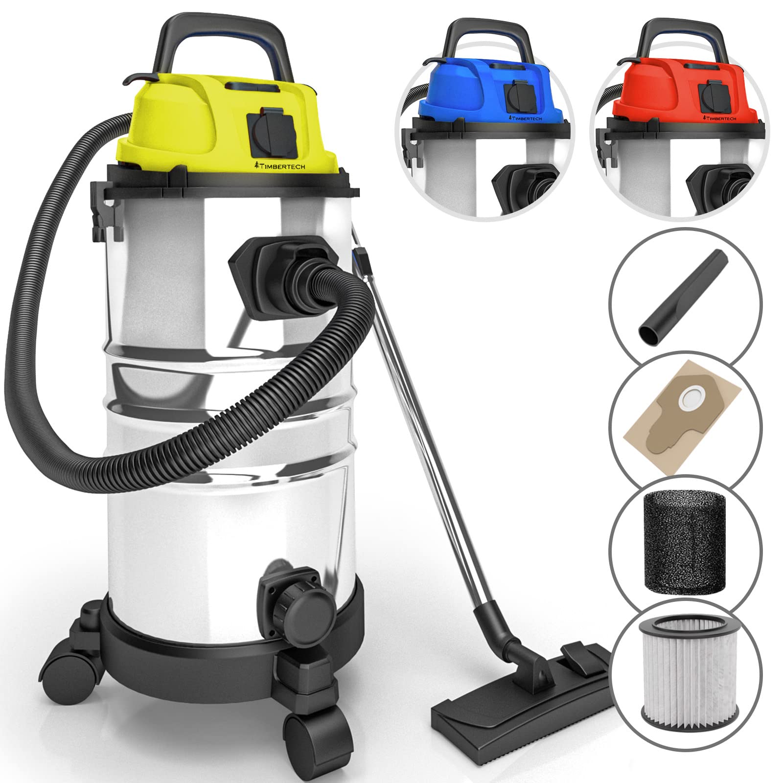 TIMBERTECH® 30L Industrial Wet Dry Vacuum Cleaner - 2300W Stainless Steel Heavy Duty Vacuum with Blowing Function, HEPA Filter & 3-Stage Filtration - Ideal for Workshop, Garage, Construction Sites (Yellow)