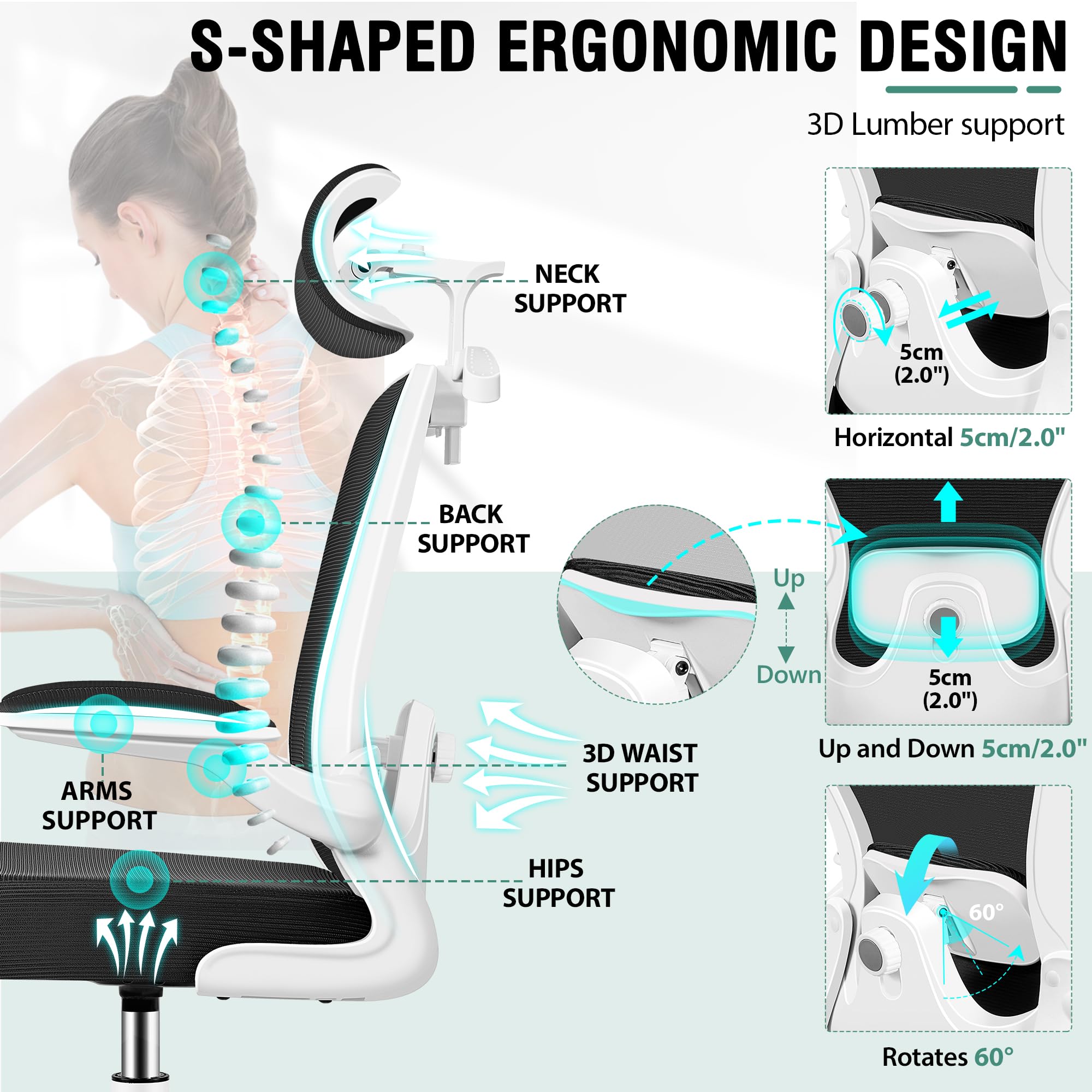 Ergonomic Drafting Chair with 3D Lumbar & Head Support - Adjustable Height Mesh Office Chair with Footrest, Flip-Up Arms & Hanger - Comfortable Tall Chair for Standing Desks, Artists & Drafting Tables (White) - Perfect for Home Office, Studio & Professional Workspaces