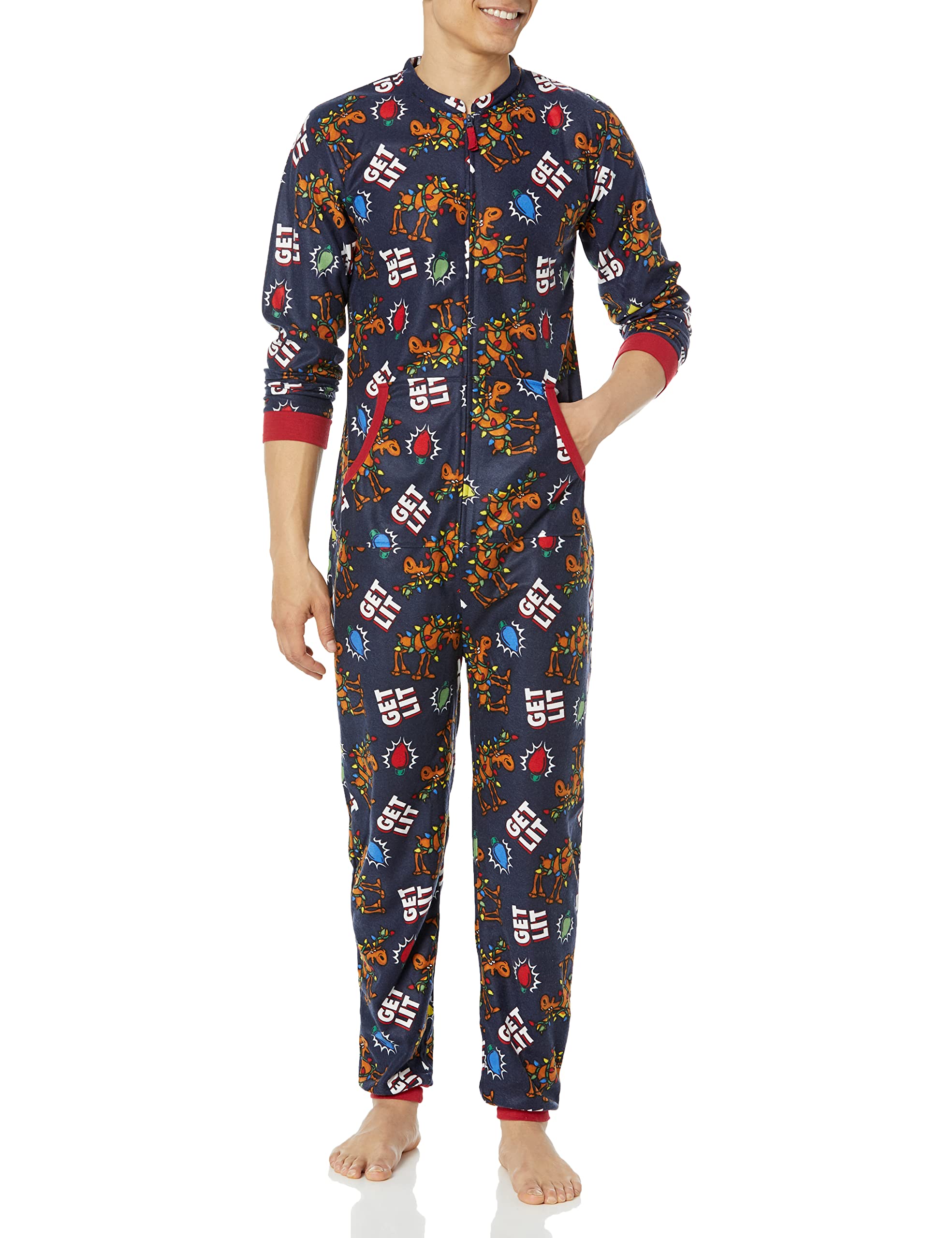 Fruit of the Loom Men's Holiday Microfleece Union Suit - Warm One-Piece Pajamas for Winter, Christmas & Cozy Nights at Home