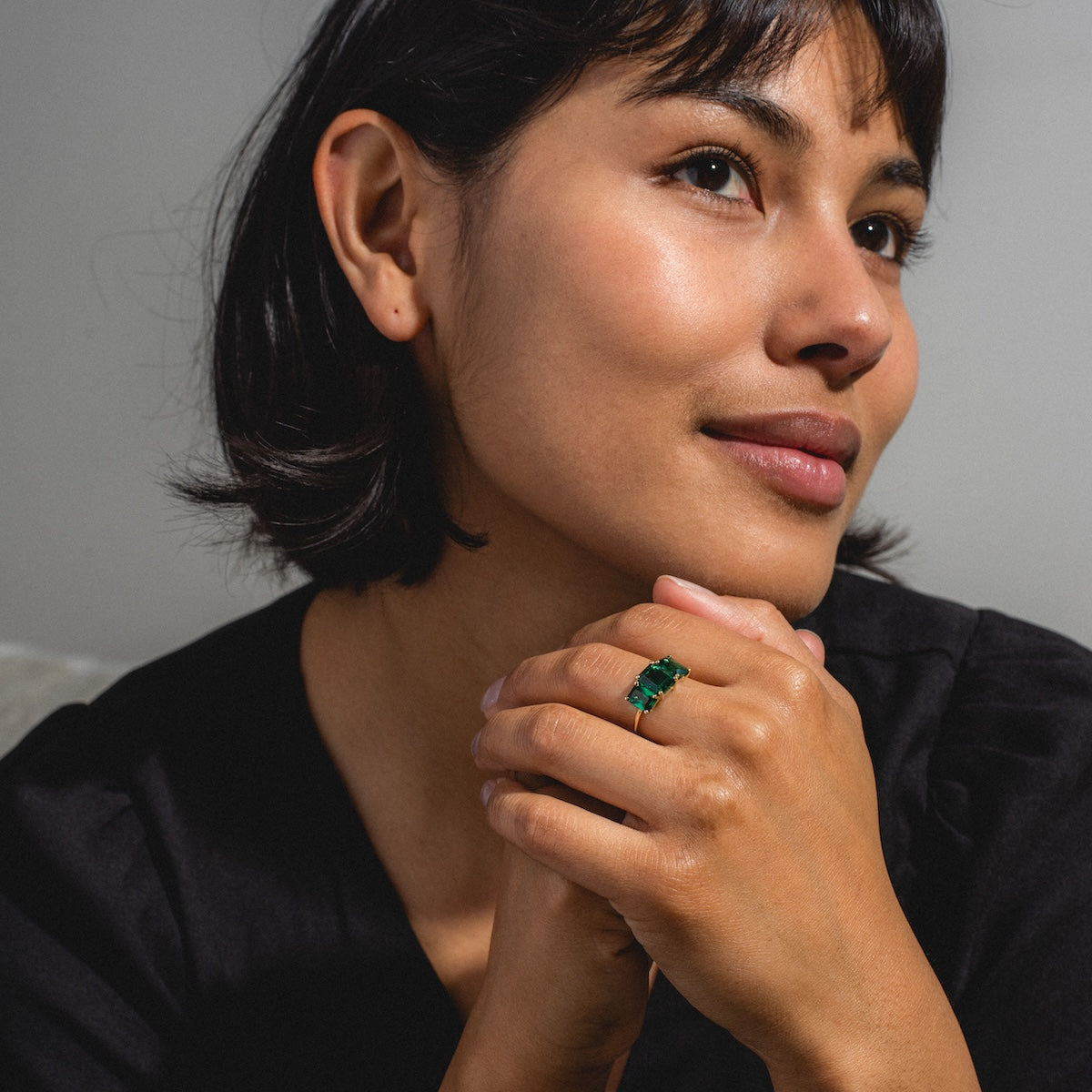 Exquisite 14K Gold Lab-Created Emerald Trilogy Ring for Women | Unique Handmade Jewelry Gift for Engagement, Anniversary & Special Occasions