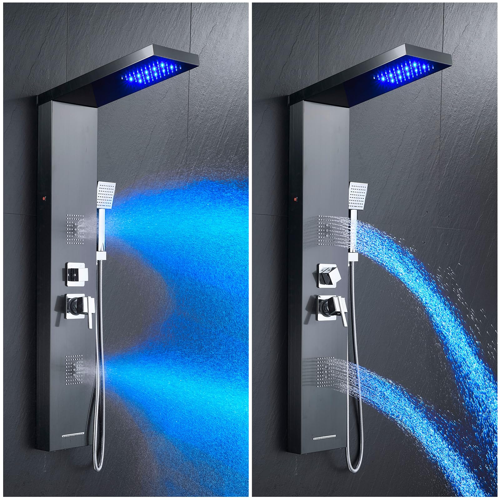 Premium Stainless Steel Shower Tower Panel System with LED Waterfall Shower - 5-in-1 Luxury Shower Panel with Rainfall Shower Head, 2-in-1 Body Jets, Handheld Showerhead & Bathtub Filler (Black) - Perfect for Modern Bathroom Renovation & Spa-Like Shower Experience