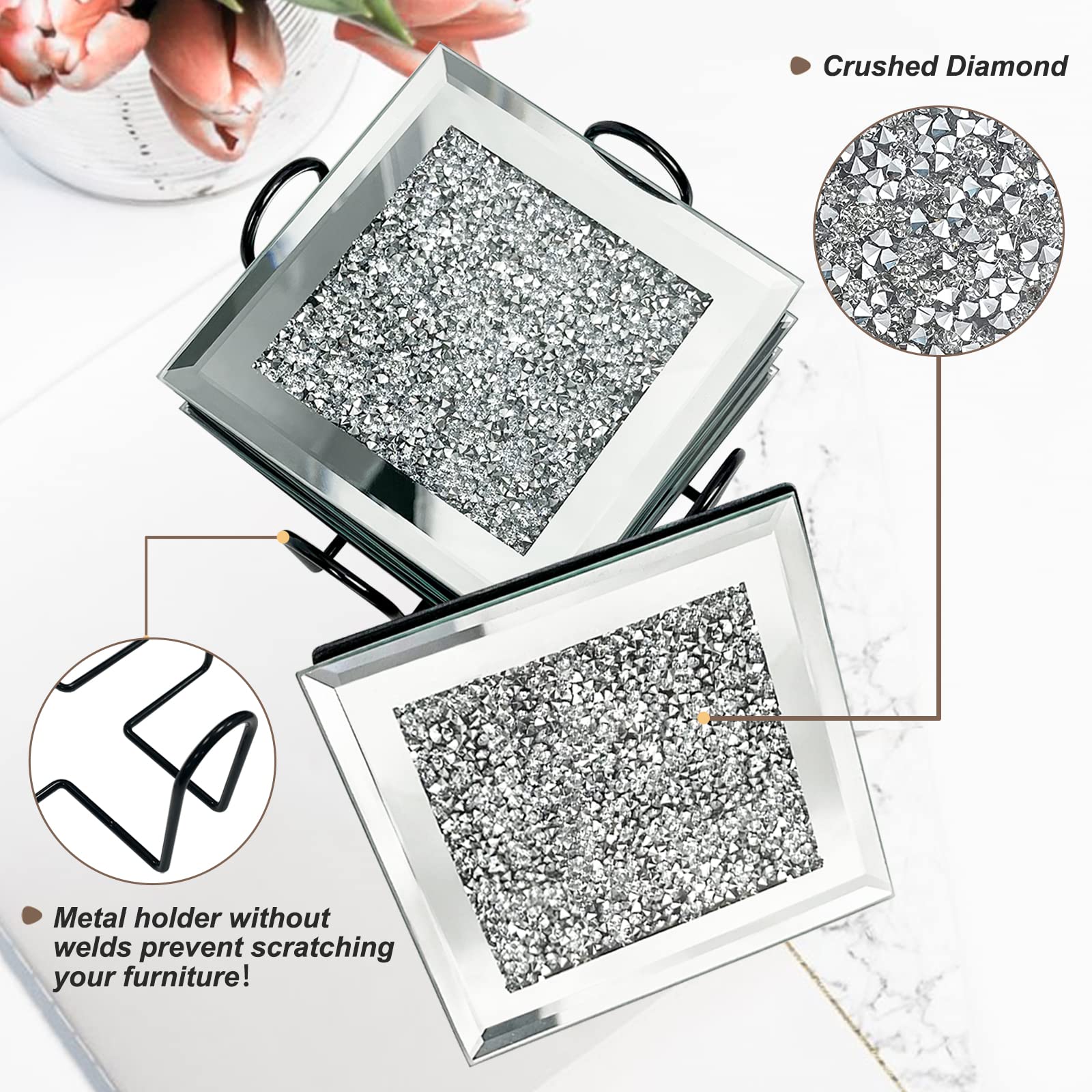 6 Sets Modern Bling Bling Crystal Glass Mirrored Drink Coasters with Holder - 4x4 Inches Crushed Diamond Design for Coffee Tables, Bars, and Home Decor - Protect Furniture from Scratches and Stains