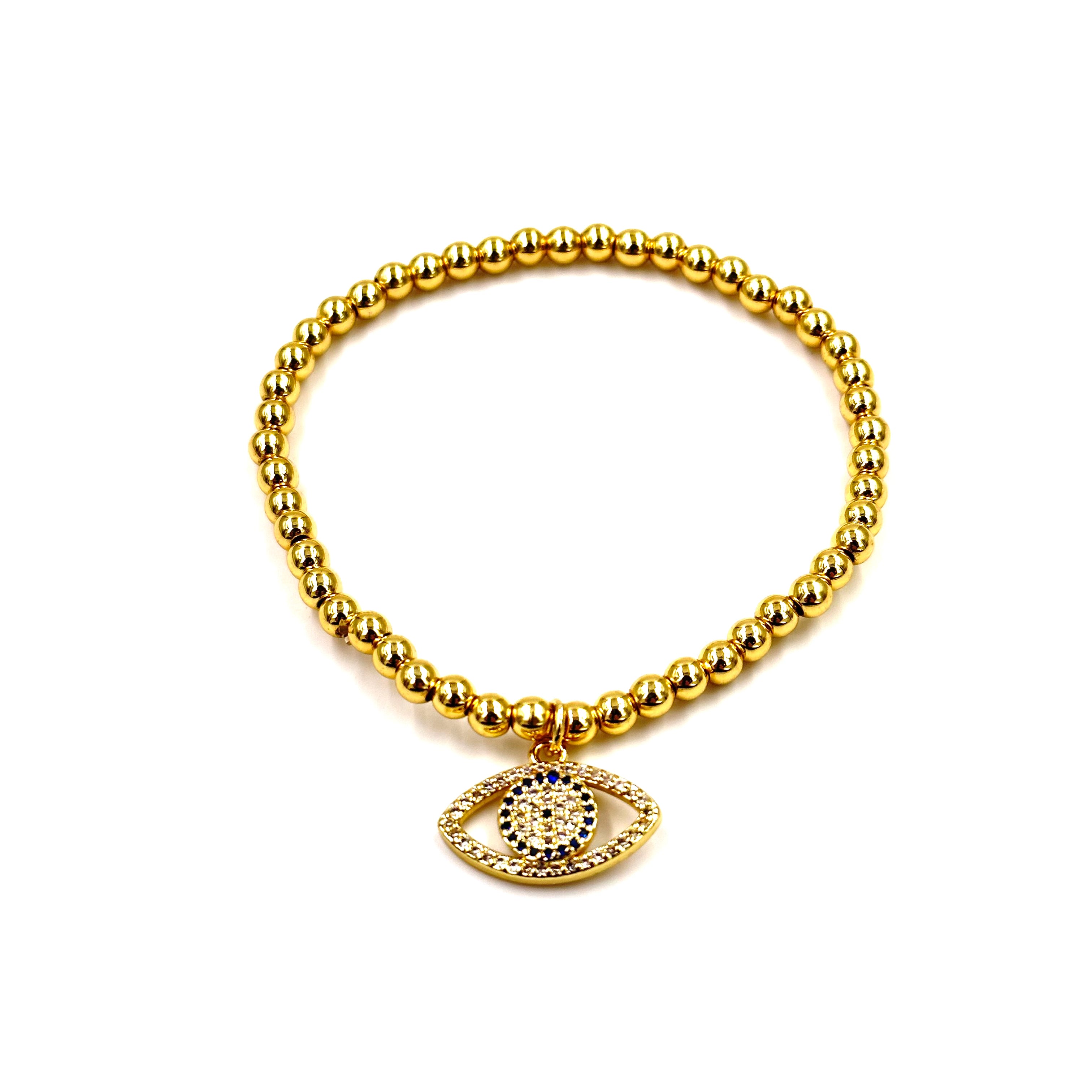 Ashley Gold Stainless Steel 4MM Beaded Stretch Bracelet with CZ Evil Eye Charm - Elegant Jewelry for Women, Perfect for Protection, Gift Giving & Everyday Wear