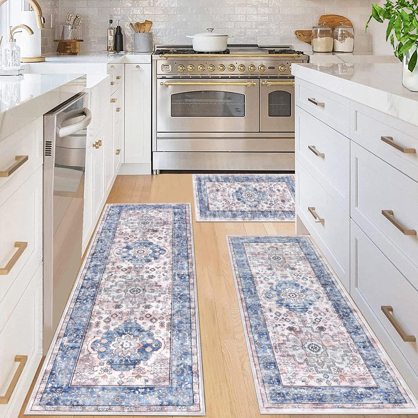 Premium Non-Slip Washable Kitchen Rugs Set of 3 - Farmhouse Style Boho Floor Mats for Kitchen Sink, Hallway & Laundry Room - Anti-Fatigue Cushioned Carpet Runner - Blue Home Decor (Perfect for High-Traffic Areas & Spill-Prone Spaces)