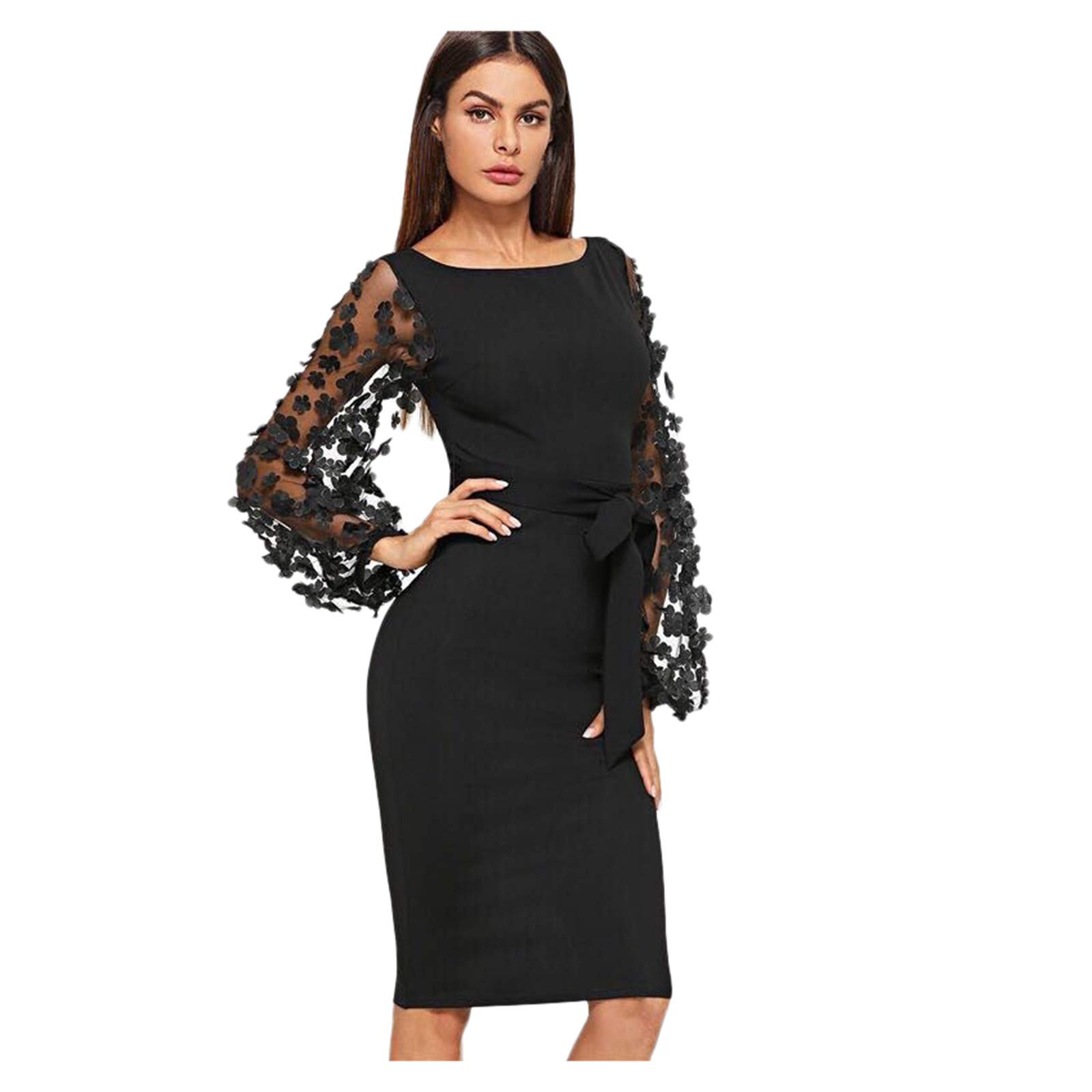 Sexy Women's Tight Dress with Mesh Applique & Cross Belt - Elegant Sleeve Contrast Design for Evening, Semi-Formal & Wedding Guest Outfits | Perfect for Cocktail Parties, Date Nights & Special Occasions