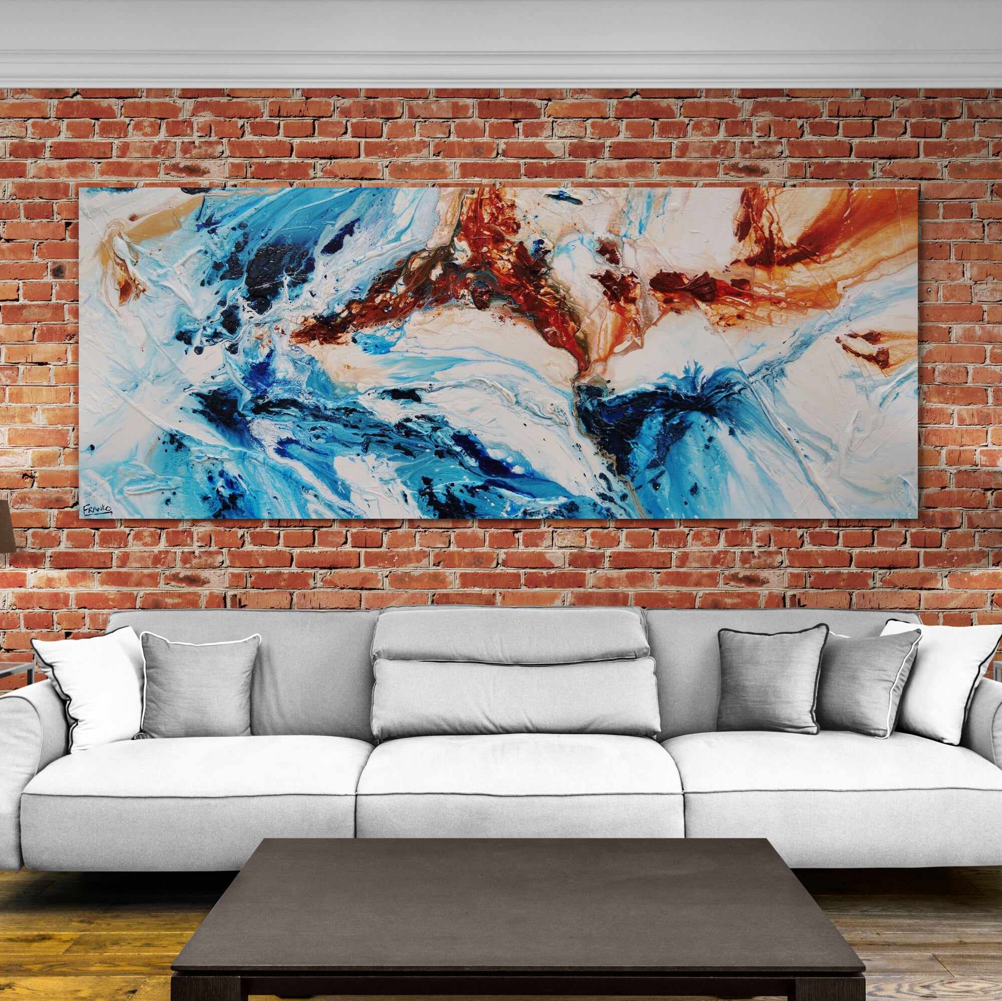 Blue Oxide White Textured Abstract Canvas Painting 200x80cm - Modern Wall Art for Living Room, Bedroom & Office Decor