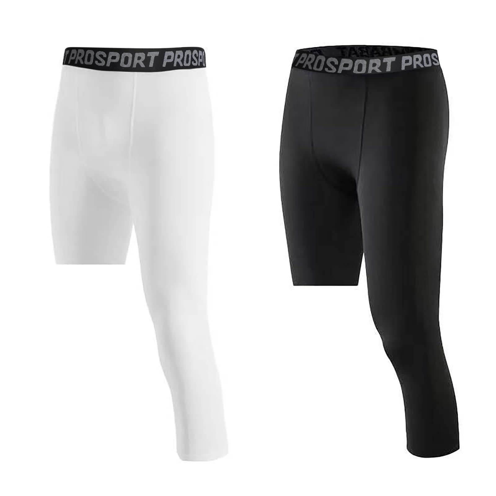 2 Pack Men's Compression Pants for Gym Running Basketball - 3/4 Capri Tights (White+Black, 3XL)