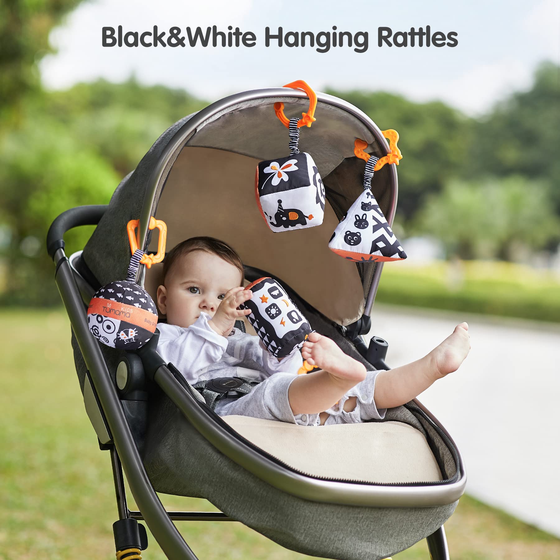 TUMAMA High Contrast Baby Toys - 4 Pack Black & White Stroller Toys with Plush Rattles & Rings for Newborns 0-12 Months | Sensory Development & Visual Stimulation for Infants & Toddlers | Perfect for Car Seat, Crib & Playtime