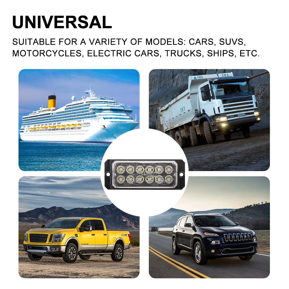 Sidaqi 12-24V White LED Emergency Strobe Light Bar - 12 LED Surface Mount Warning Flash Light for Cars, Trucks & Vehicles - Multiple Strobe Modes - Ideal for Police, Emergency & Roadside Safety Use