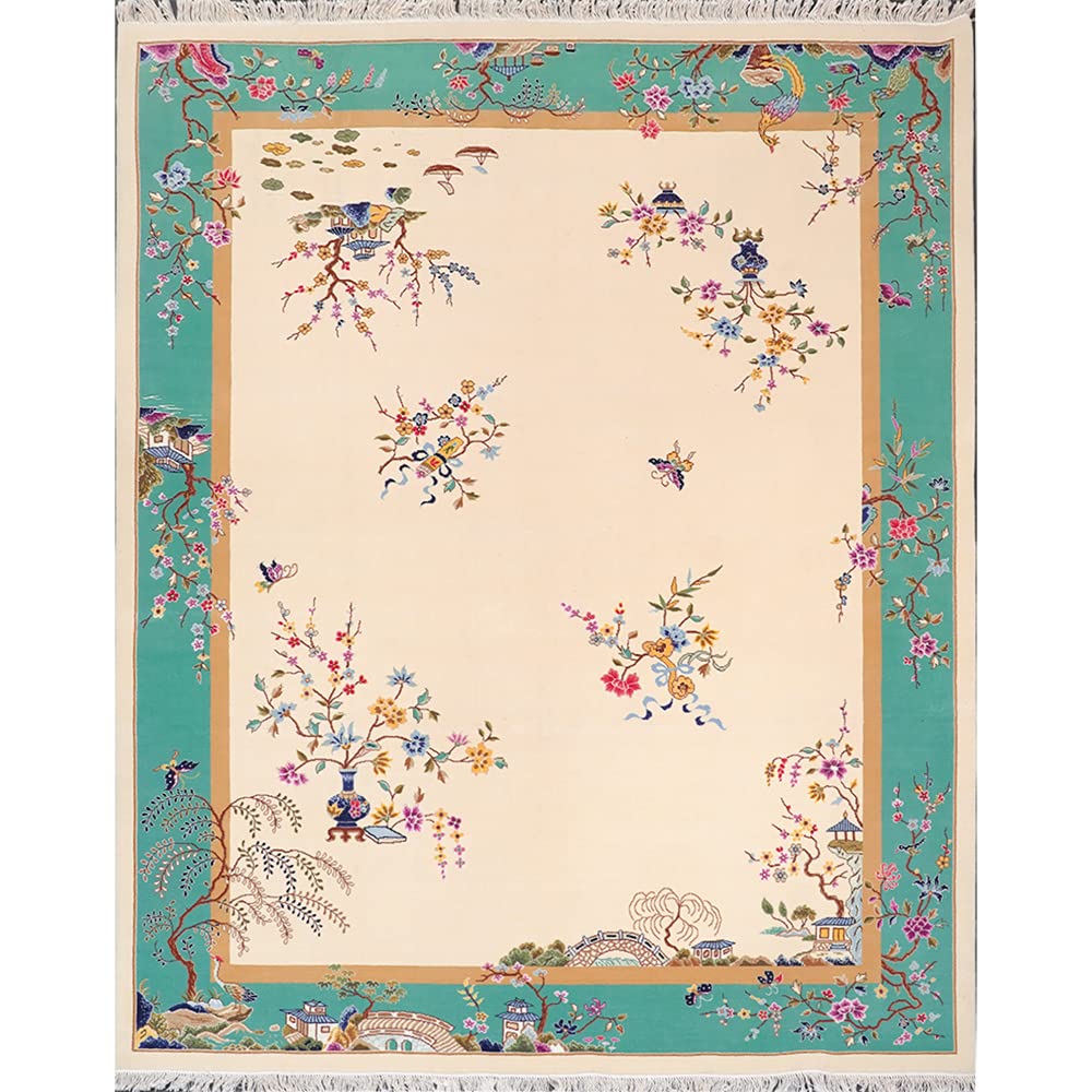 Handmade Silk Wool Rug 8x10 ft - Premium Hand Knotted Chinese Art Carpet for Living Room, Bedroom & Study - Cream and Ocean Blue Traditional Oriental Decor - Perfect for Home, Office & Luxury Spaces